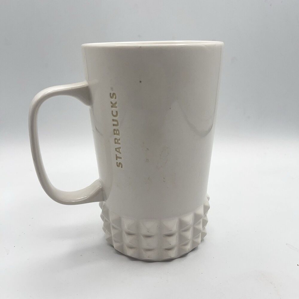 STARBUCKS COFFEE 2014 Tall White Mug Cup Mirror Label Hobnail Base 16 Oz - Picture 4 of 11